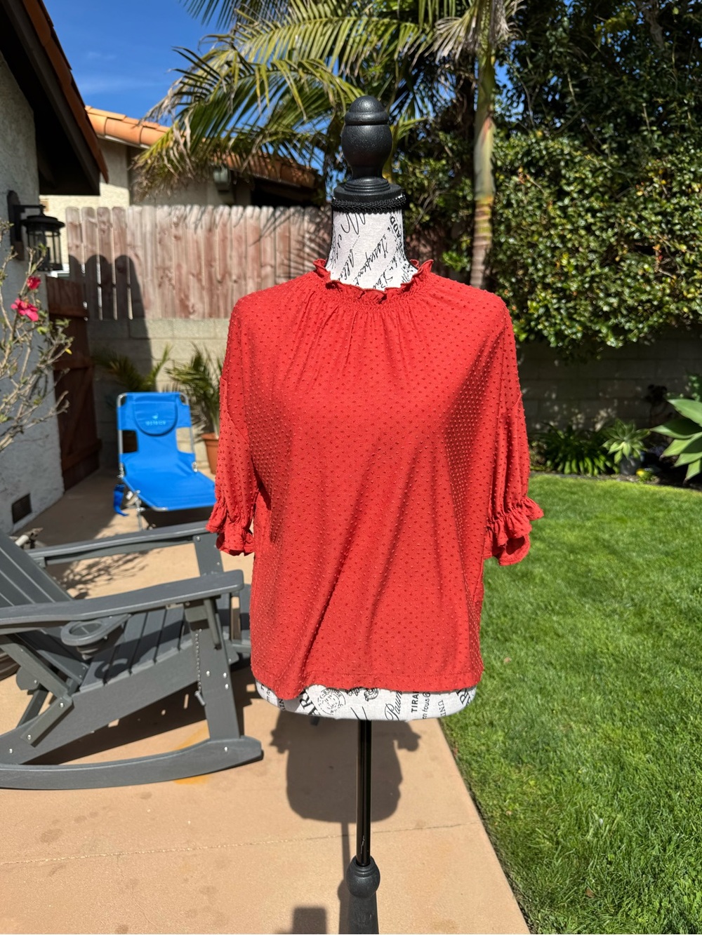 Madewell Rust Color Ruffle-Neck Dot Texture Blouse